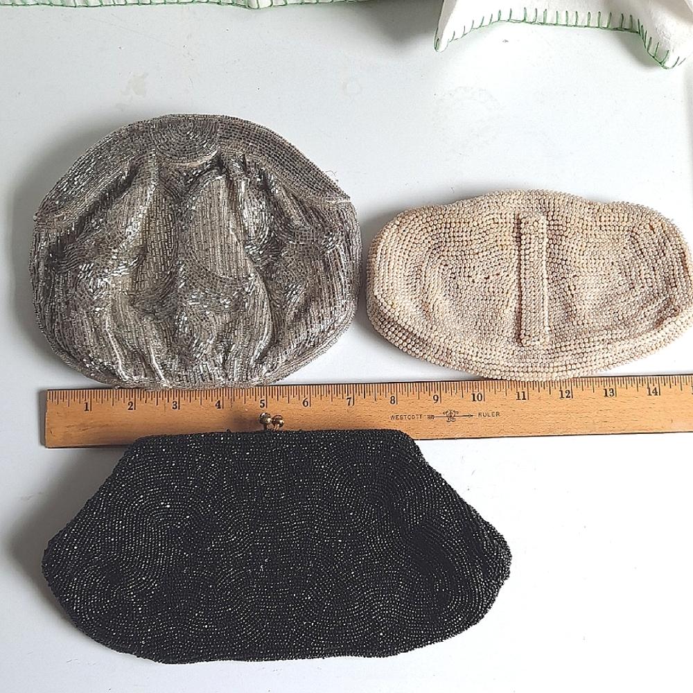 Set of Three Beaded PROJECT Clutches in Silver, Cream, and Black